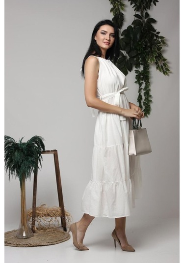 Ekru Halter Yakalı Kuşaklı Elbise Ekru