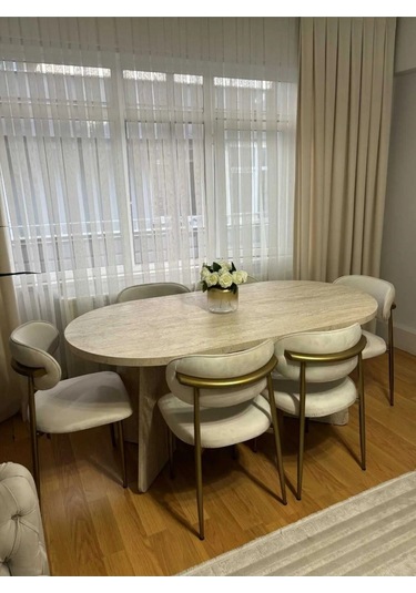 Lux Masa Takımı Ahşap Masa Takımı 6 Kişilik Masa Sandalye Takımı Krem
