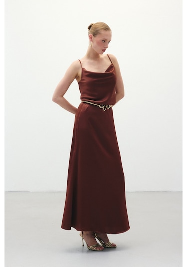 Sateen Uzun Saten Etek - Kahve