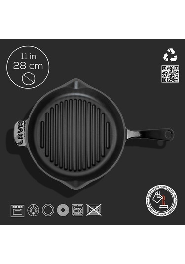 Lava Döküm Yuvarlak Izgara Tava Döküm Demir Yekpare Saplı Çap Ø 28cm. Siyah Kırmızı