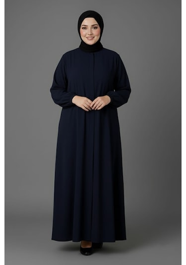Medine İpeği Mevlana Kesim Cepli Kuşaklı Bol Büyük Beden Ferace Lacivert