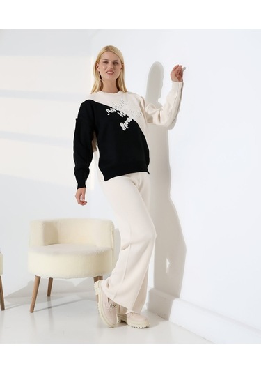 Renk Bloklu Triko Takım Siyah - Taş