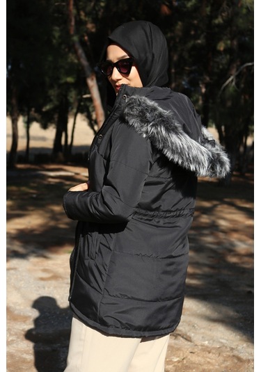 Toridas Kışlık Yaka Kürklü Uzun Kadın Şişme Tesettür Mont Bt122siyahtesettür 001