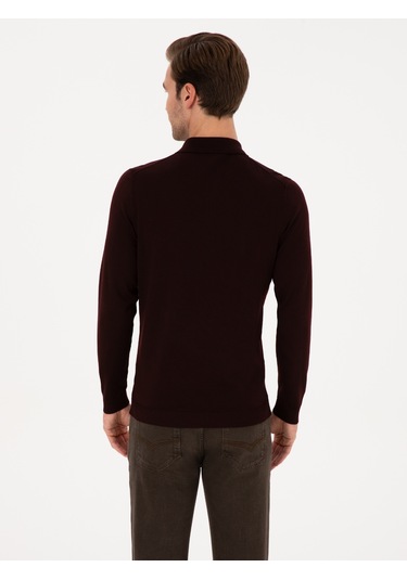 Cacharel Bordo Slim Fit Yün Karışımlı Polo Yaka Basic Triko Kazak Kırmızı