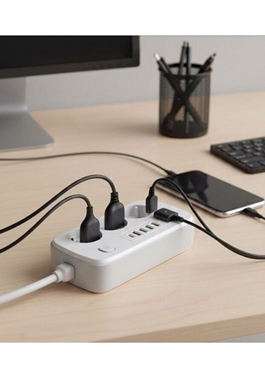 2500w Çoklu Priz 2 Metre - 3 Lü Ac Priz +5 Usb Çıkışı Akım Korumalı Alev Almayan Gövde, 0.12 M