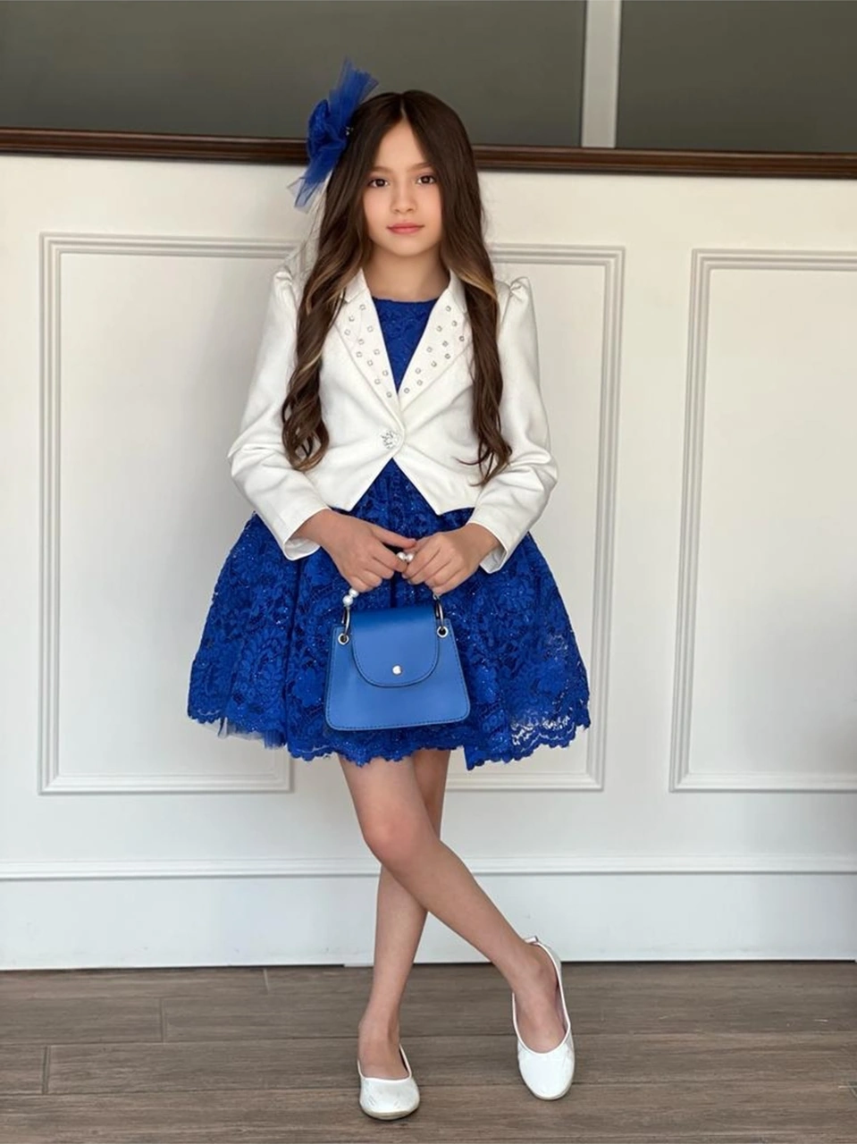 Uğur Böceği Çocuk Kız Çocuk 4'lü Şık Abiye Takım Elbise Ceket Çanta Toka Saks