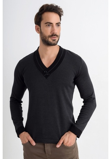 Heyss V Yaka Düğme Detaylı Erkek Triko Kazak (381033766) Antrasit