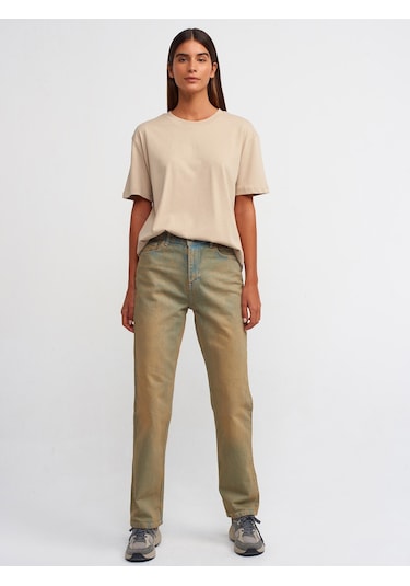 Dilvin Eskitmeli Denim Stright Pantolon Tint Haki - Mavi