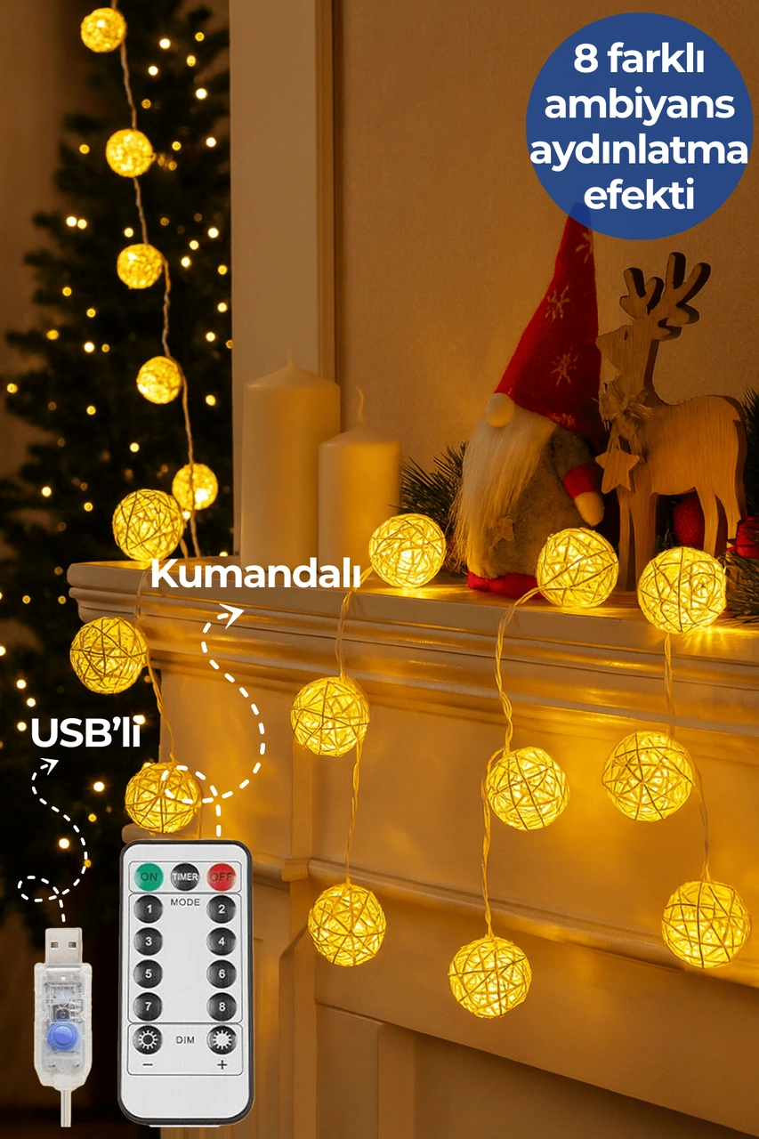 Technojet Dekoratif Rattan Top Led Işık, 20 Led, Usb + Kumanda, 8 Mod, 4mt