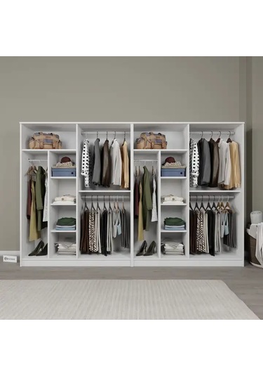 Kardelen Serisi Mat Beyaz 8 Kapaklı 10 Raflı 280 Cm Elbise Dolabı - Gardırop Seti Beyaz