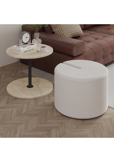 Vexana Puflu Yan Sehpa Saklanabilir Puflu Servis Sehpası Traverten Desen