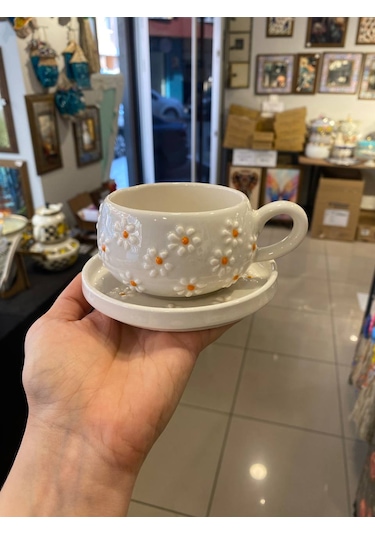 Seramik El Yapımı Fincan Takımı 2'li Set Papatya Desenli, Tabaklı Beyaz - Sarı