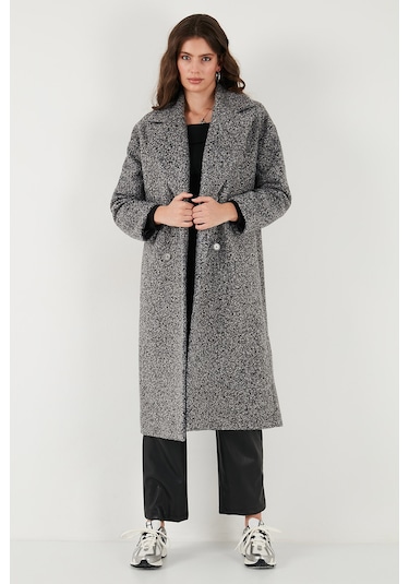 Lela Oversize Fit Mono Yaka Düğmeli Buklet Uzun Kaşe Bayan Kaban 6810236 Antrasit