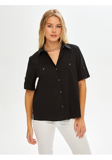 Faik Sönmez Kadın Kısa Kollu Stretch Poplin Gömlek U68358 Antrasit