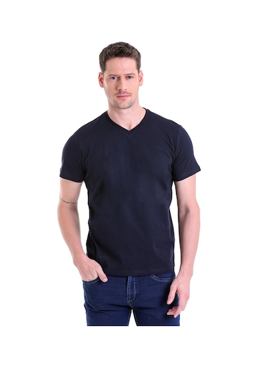 Hatemoğlu Düz Slim Fit Pamuk V Yaka Erkek Tişört - Lacivert