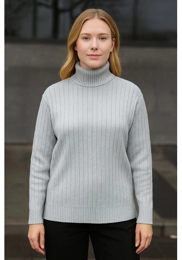 Balıkcı Yaka Bağazlı Triko Kazak Pamuklu Kalın Fitilli Dokuma - Gri Gri