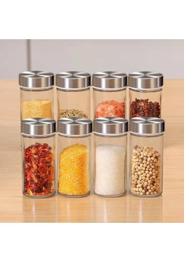 Pazly Şeffaf Cam Baharat Kavanoz Seti 8 Adet, 360 Derece Dönen, Mutfak Baharat Kabı, Bpa İçermez, Fda, Gümüş Tabanlı Gümüş
