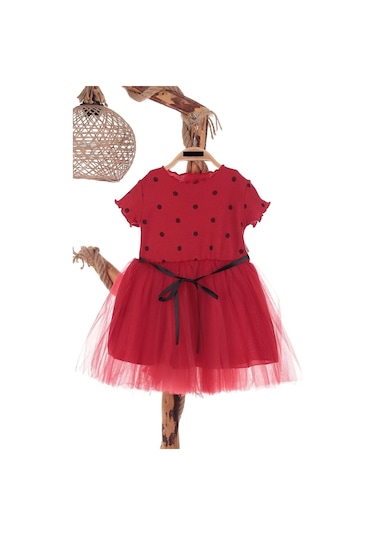 Puantiyeli Kırmızı Doğum Günü Ve Özel Günler İçin Kız Çocuk Tüllü Elbise 2-7 Yaş Aralığı Kırmızı