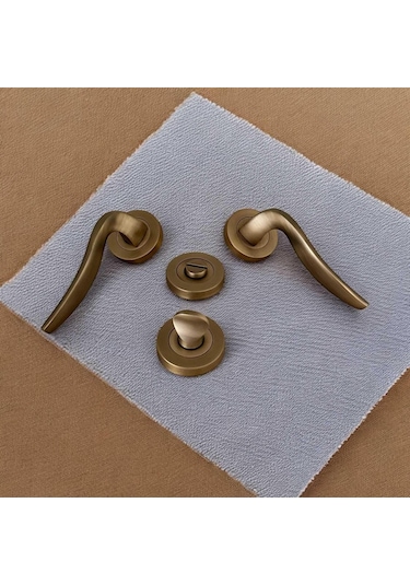 Trim Mat Antik Sarı Yuvarlak Rozetli Wc Banyo Kapı Kolu 1 Takım