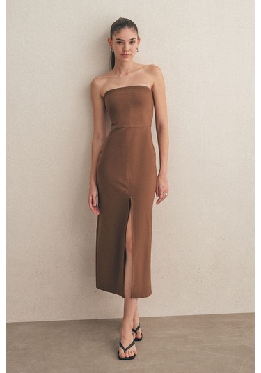 Mathilda Store Kadın Kahverengi Midi Boy Kalem Elbise