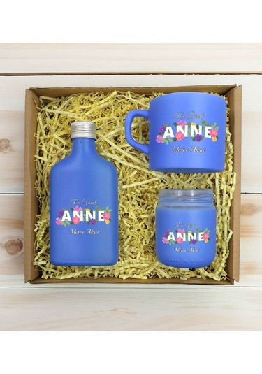 Bk Gift Kişiye Özel İsimli Dtf Anne Temalı Mavi Kahve Fincanı & Kolonya & Mum Hediye Seti-3, Anneye Hediye, Anneler Günü Hediyesi Kobitmeyencom30965 B