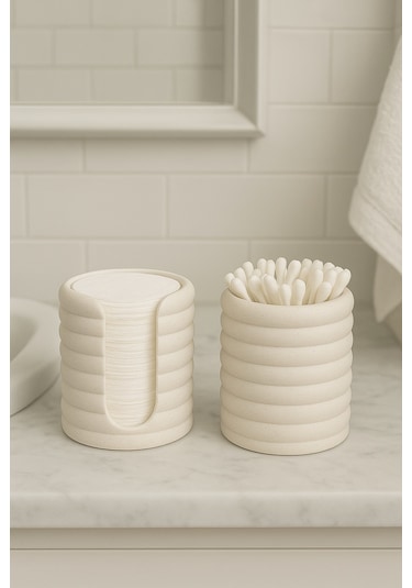 Banyo Düzenleyici - Makyaj Pedi Ve Kulak Çubuğu Düzenleyici Set - Mermer Beyaz - 8,5 Cm Mermer Beyaz