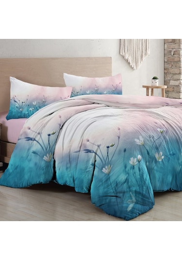 Monohome Soft Blue Luxury Çift Kişilik Pamuk Saten Nevresim Takım Mavi