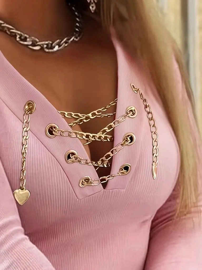 Kadın Uzun Kollu V Çapraz Zincir Detaylı Kaşkorse Bluz Pembe