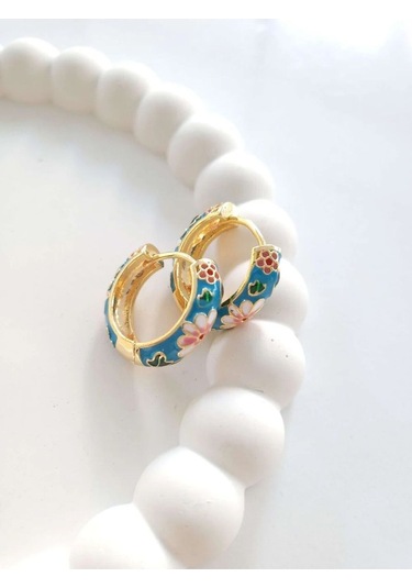 Çelik Gold Mineli Mavi Botanik Kadın Küpe Sevgiliye Hediye Altın