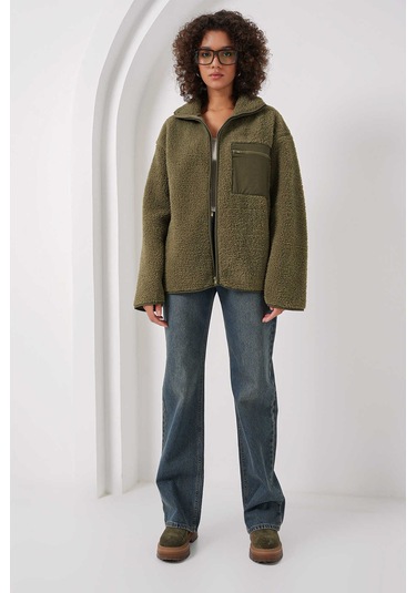 Gabria Fermuarlı Tek Cep Hırka Haki