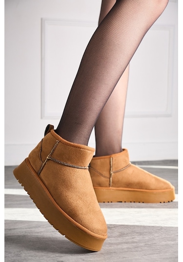 400U Kalın Taban Ultra Mini Süet Günlük Kadın Bot - Taba