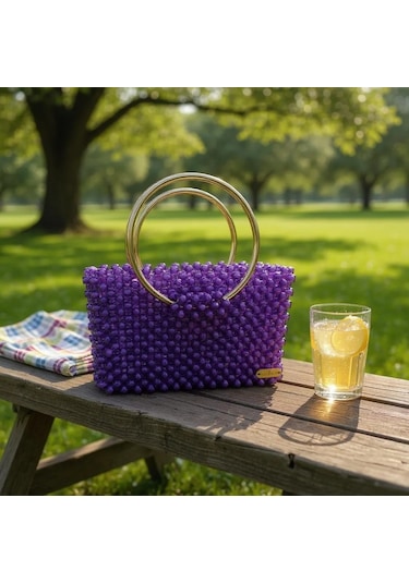 Plentiful İnci Boncuk Çanta, Abiye , Gece , Düğün, Gelin,nişan Çantası Mor
