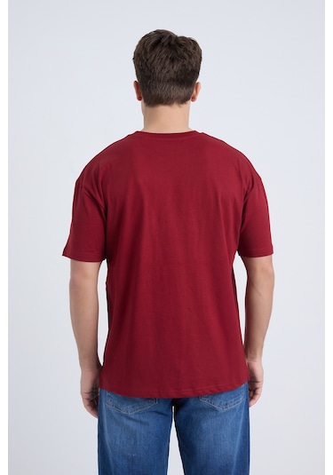 Velvoria Unisex Oversize Mountain Explorer Baskılı Bordo Renk T-shirt