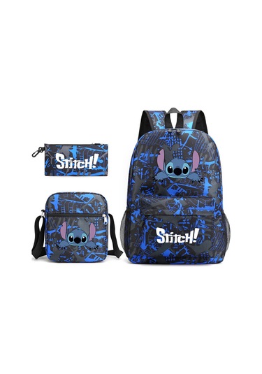 Wezone Stitch Okul Çantası Seti - 3 Parça Nefes Alabilir Ve Su Geçirmez Öğrenci Çantası + Yemek Çantası + Kalemlik MAvi