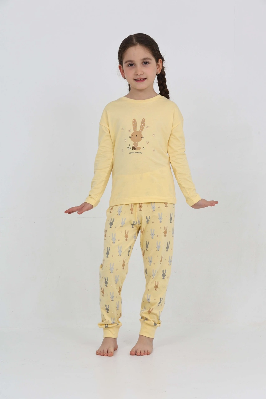 Toontoy Kız Çocuk Tavşan Baskılı Pijama Takım Sarı