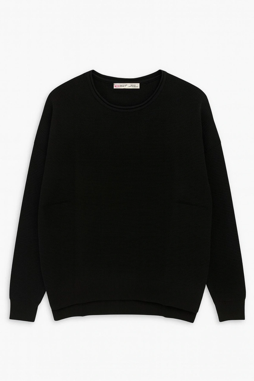 6183 Kadın Nopeli Oversize Triko İnce Kazak Siyah Siyah