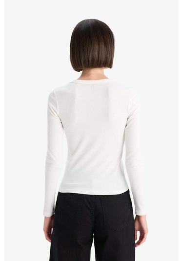Defacto Slim Fit Dar Kesim Basic Düz Fitilli Kaşkorse Uzun Kollu Tişört E5767ax25auer105 Ekru