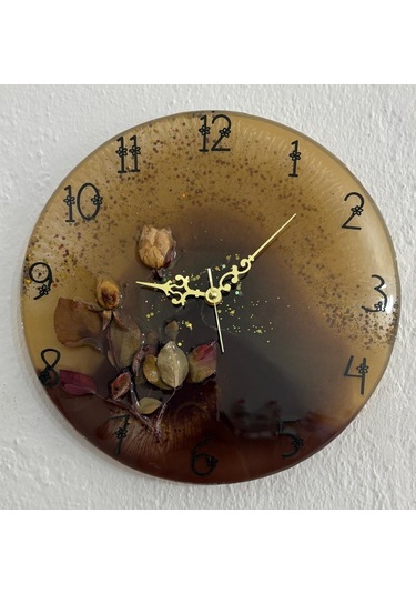 Pelince - Beyaz Gül - Koyu Kahverengi - Epoksi Duvar Saati Özel Tasarım - Tek Üretim - 30 Cm Siyah
