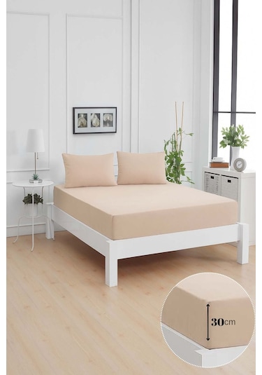 Mirava Premium %100 Pamuk Penye Lastikli Tek Kişilik Çarşaf Takımı 1 Yastık Kılıfı Dahil Bej 100x200cm Bej