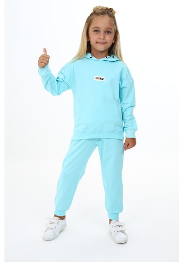 Toontoy Kız Çocuk Kapüşonlu Yazı Armalı Eşofman Takım Su Yeşili