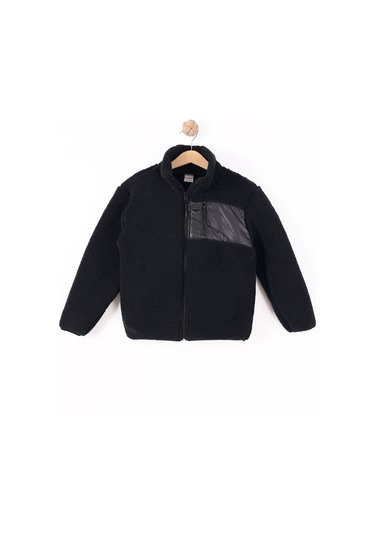 Monox Çocuk Lastik Manşetli Fermuarlı Unisex Kuzu Wellsoft Peluş Ceket Siyah