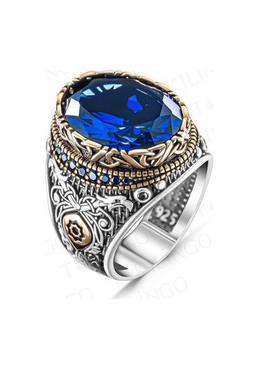 Takılingo 925 Ayar Gümüş Mavi Zirkon Taşlı Usta İşi Erkek Yüzük Gümüş