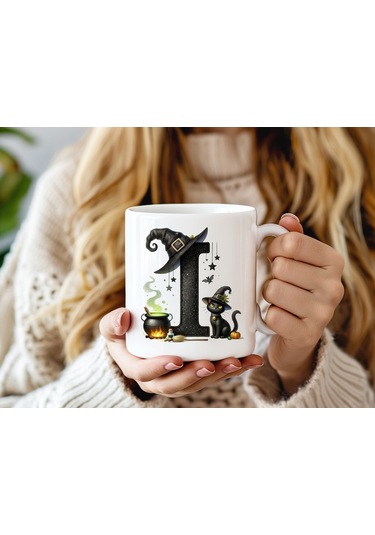 I Harfli Halloween Kedili Figür Kupa Bardak - Şapkalı Ve Kazanlı İsme Özel Kupa - Hediye 07 Beyaz