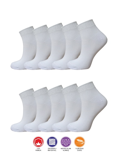 10 Çift Yazlık Terletmez Desensiz Düz Sade Kadın Patik Pamuk Beya Beyaz