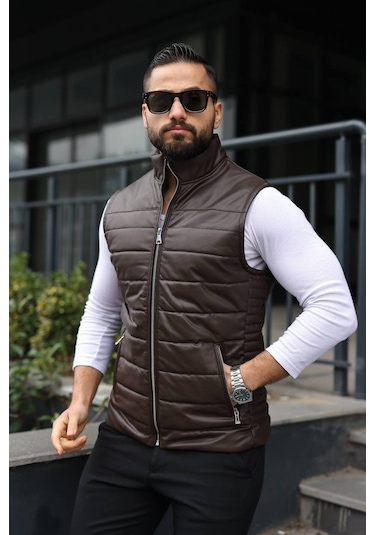 Basic Slim Fit Deri Yelek Kahverengi