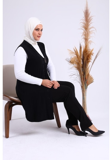 Kadın Buyuk Beden Üç Düğmeli Likralı Yelek 001