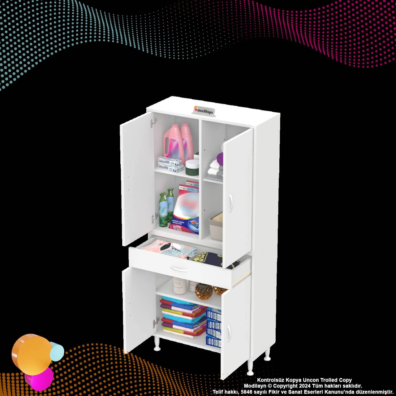 Sare Banyo Ve Mutfak Dolabı Çok Amaçlı Dolap Tek Çekmece 4 Kapak 3 Raf 6 Bölme 80x173x32,5 Cm Beyaz