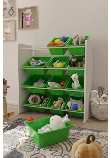 12 Sepetli Çok Amaçlı Oyuncak Dolabı Montessori Dolap Yeşil
