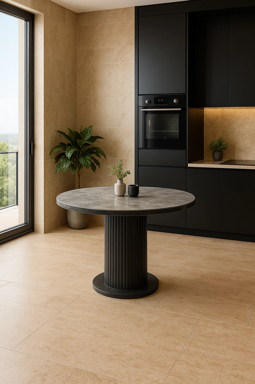 Dengema İstanbul 81 Yuvarlak Masa Gri Mermer Desen, Siyah Ayak Ø120 Cm Gri Mermer - Siyah Ayak