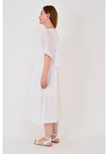 İtalyan Müslin Keteni Üstü File Bluzlu Astarlı Tek Parça Elbise-9256 Beyaz
